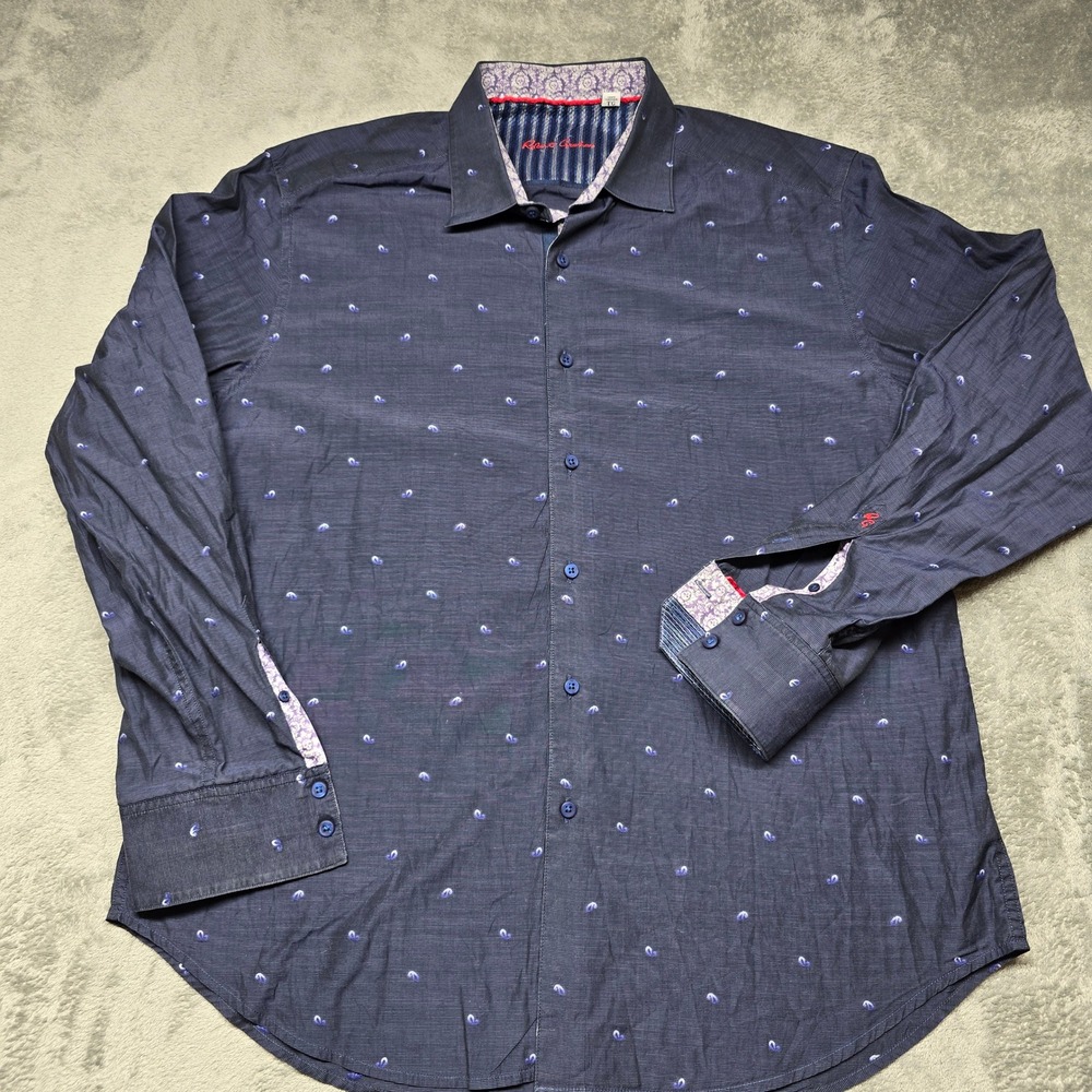 Robert Graham Classic Fit Button Down Shirt Mens XL Navy Blue Paisley Skull Trim